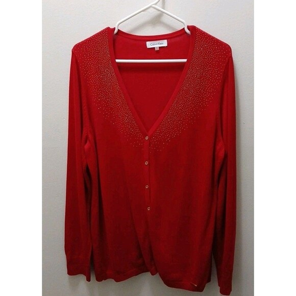Calvin Klein Red Gold Dots Logo V-neck Gold Button Up Cardigan Sweater XL - Picture 1 of 16